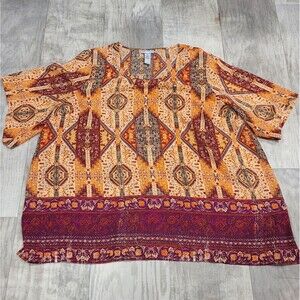 Catherines 2X (22/24W) Orange Boho Lightweight Tunic Artsy Sequin Short Sleeve
